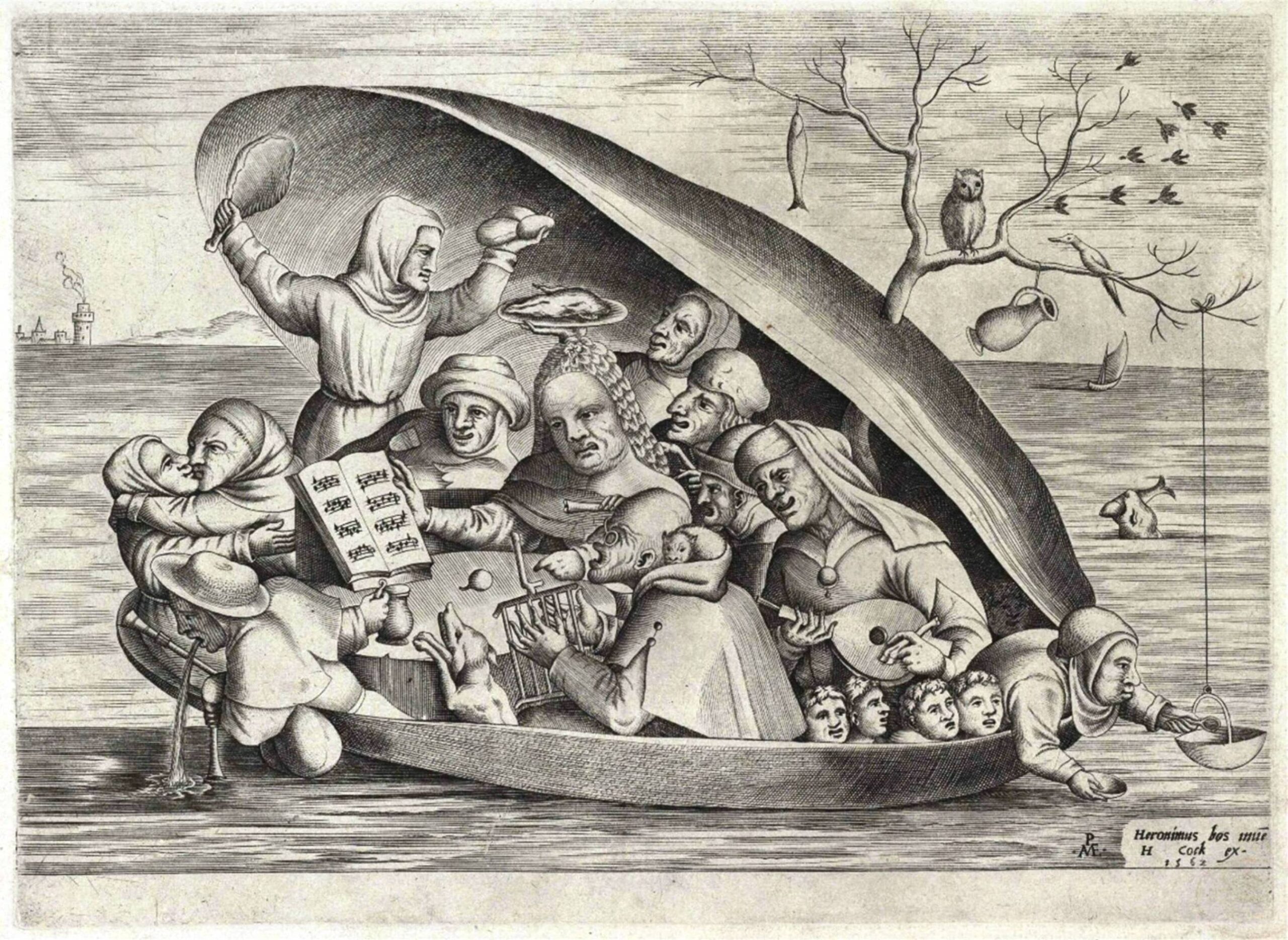 An engraving by Pieter van der Heyden, Merrymakers in a Mussel Shell, 1562, published by Hieronymus Cock with the false attribution, “Heronimus bos inue[ntor]”